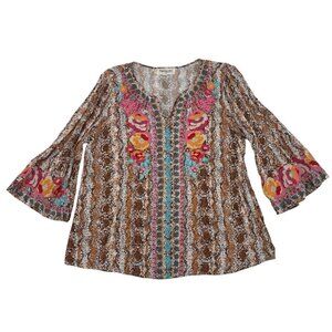 Impressions Size L Embroidered Animal Print 3/4 Bell Sleeve Blouse Rayon